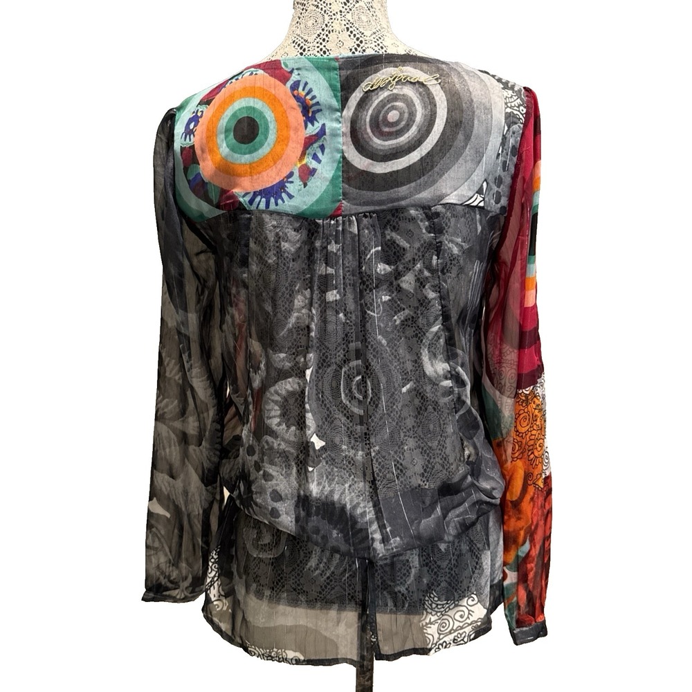 Desigual Small Colorful Patchwork Sheer Chiffon Tunic Blouse Boho Long Sleeve - Picture 5 of 11